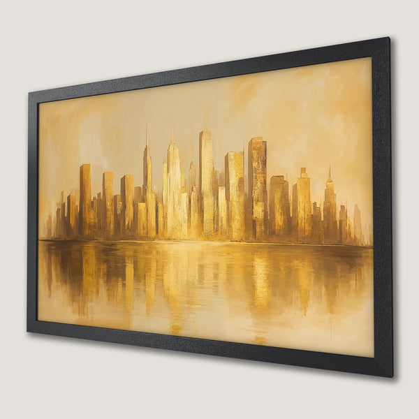 Framed Poster of NYC skyline in gold tones. Modern art print for home decor.