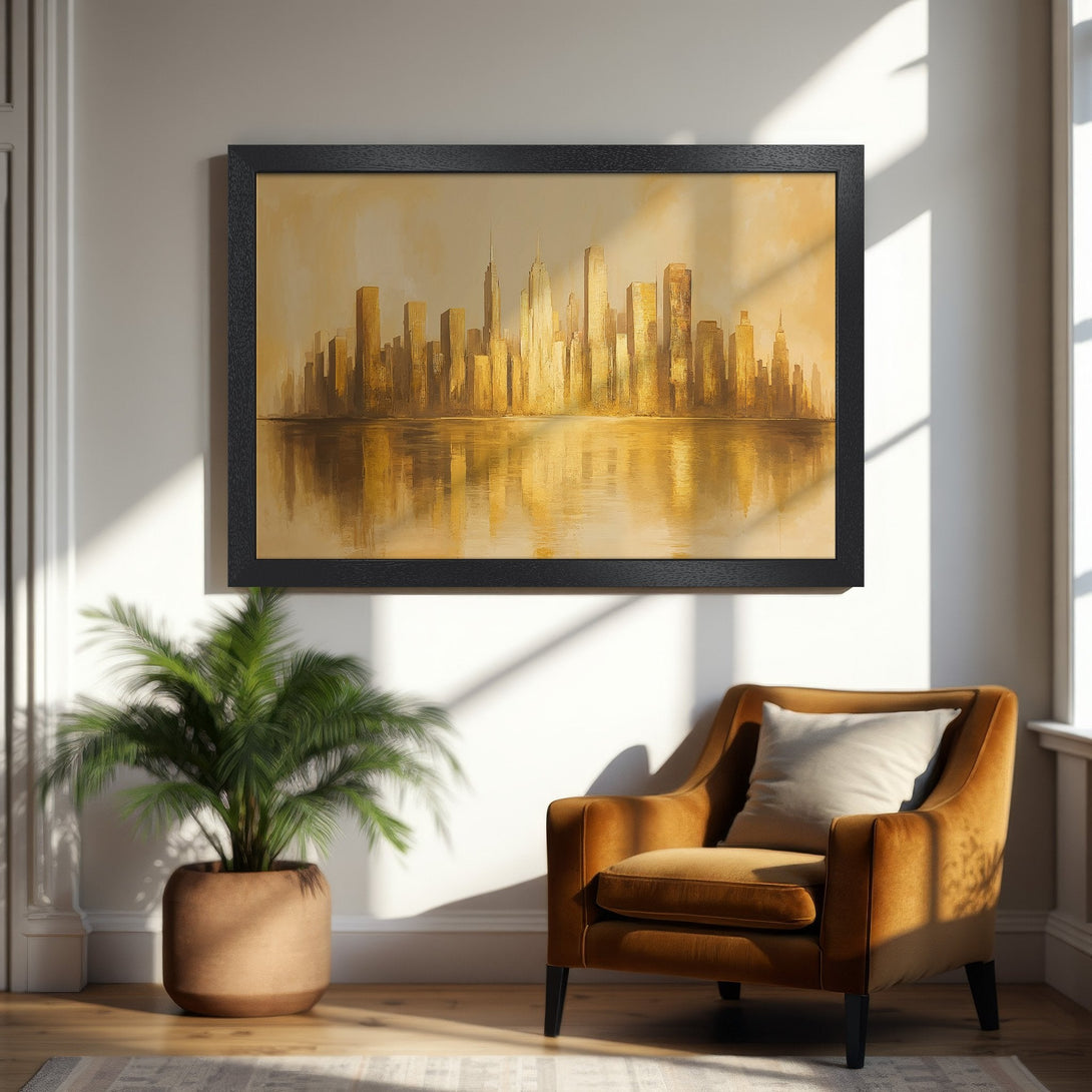 Framed Poster of a golden cityscape painting. Modern style with warm yellow and brown color palette. Perfect wall art.