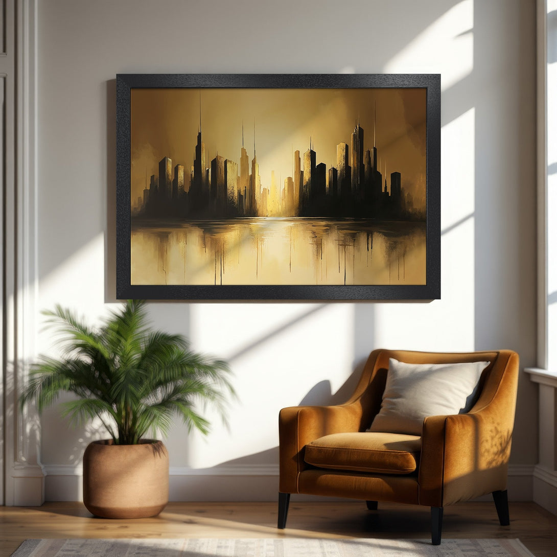 Framed Poster of a cityscape in a golden color palette, abstract style. Perfect wall art for a modern home!