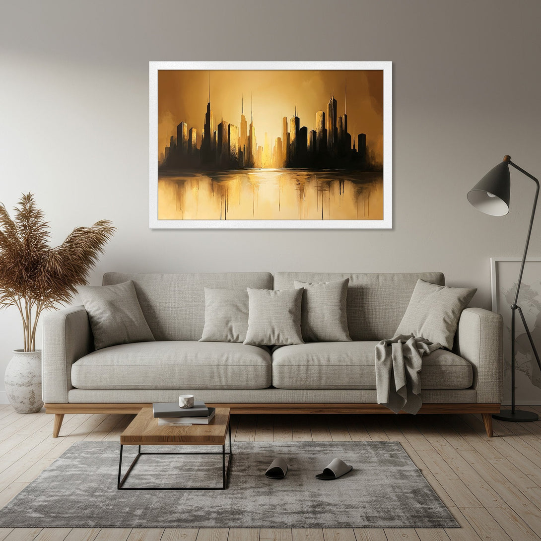 Framed Poster of a cityscape in an abstract style with a warm gold color palette. Perfect wall art for modern decor.