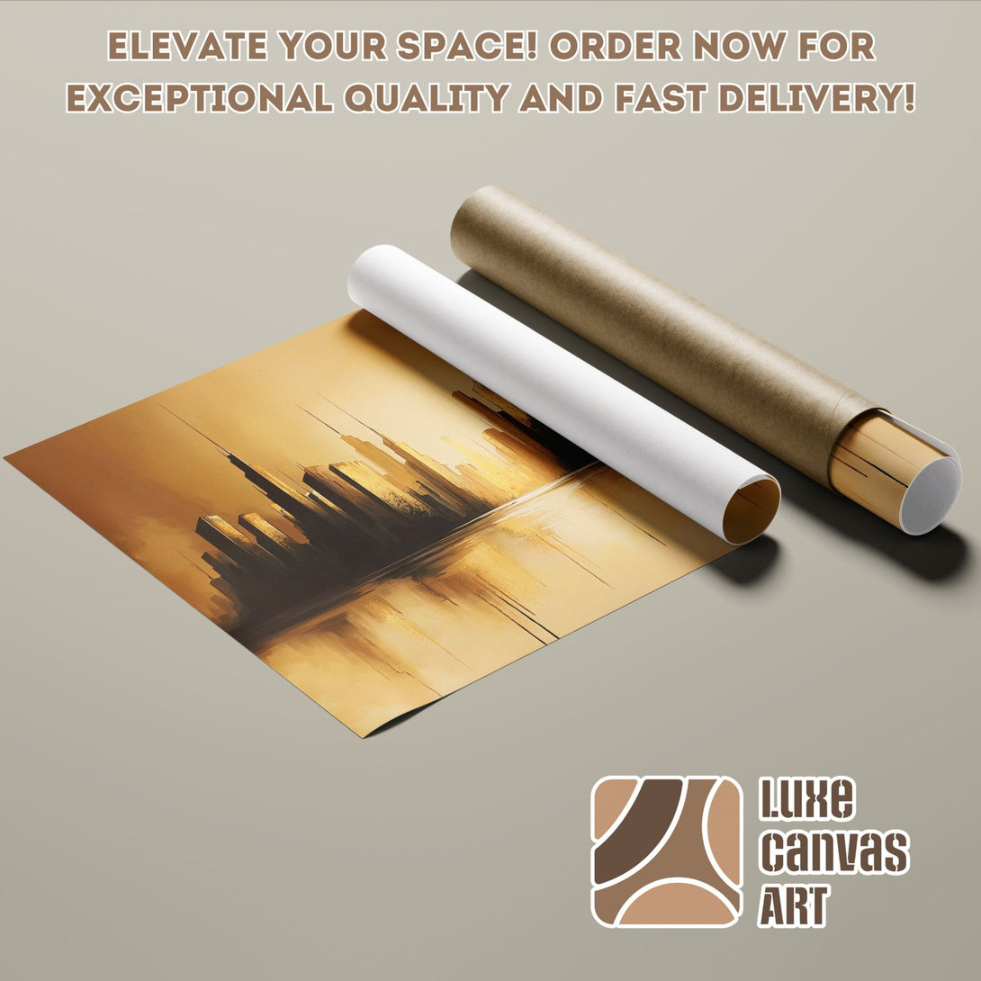 Abstract city skyline Poster Roll art in warm gold tones. Elevate your space!