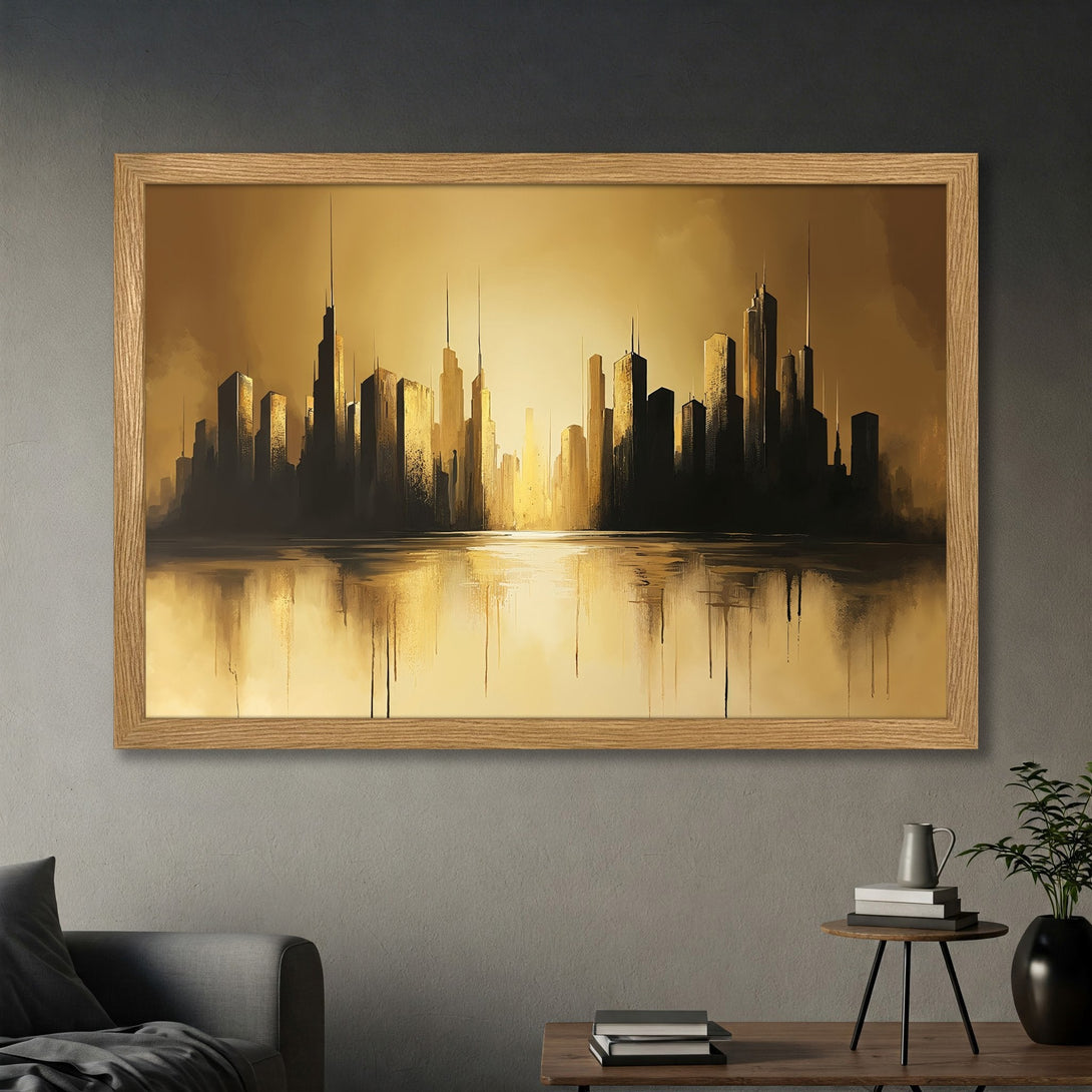 Framed Poster of a golden cityscape art print. Modern, abstract style with a warm, gold color palette. Perfect wall decor.