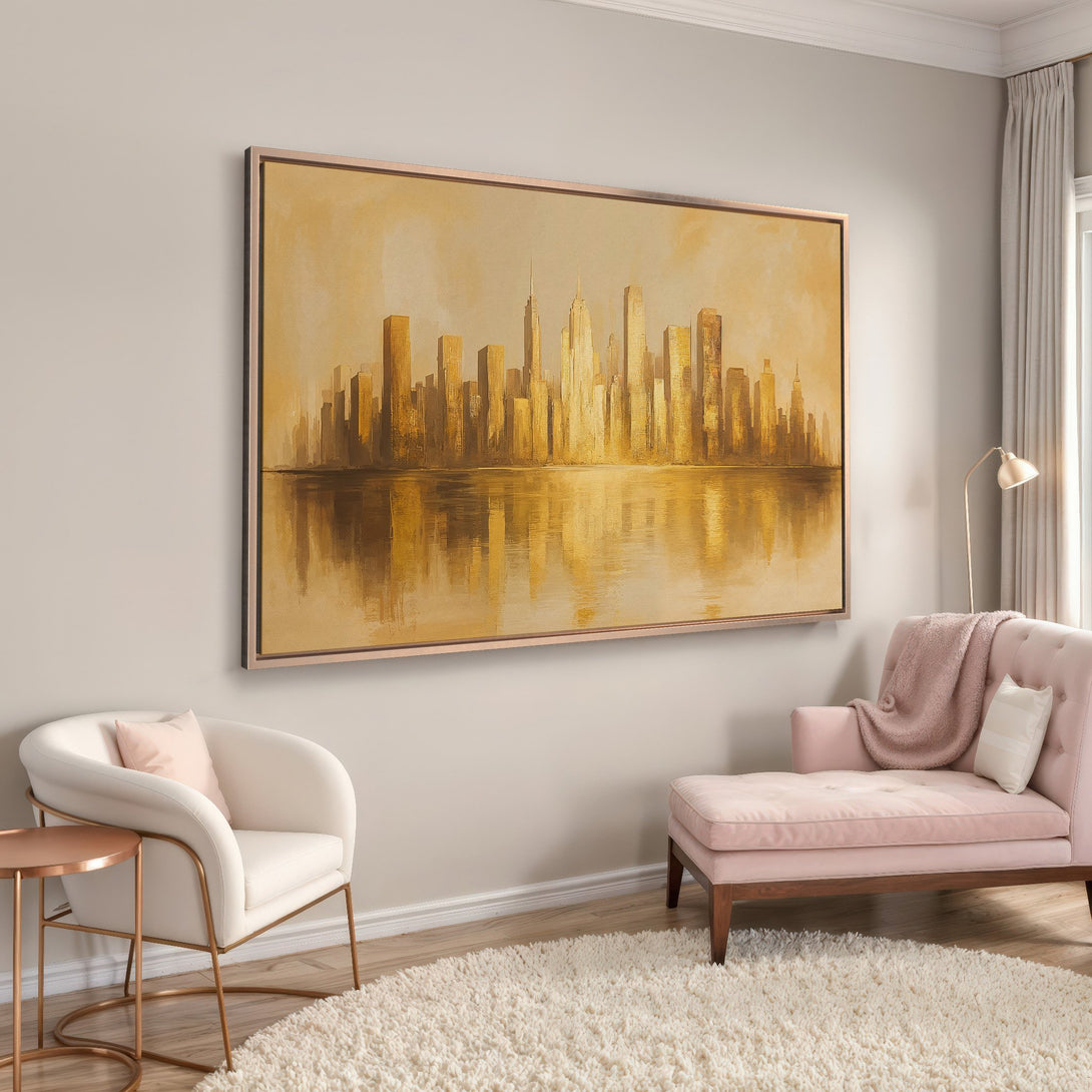 Framed Wall Art: Golden cityscape painting with a warm, neutral color palette. Modern art for living room decor.
