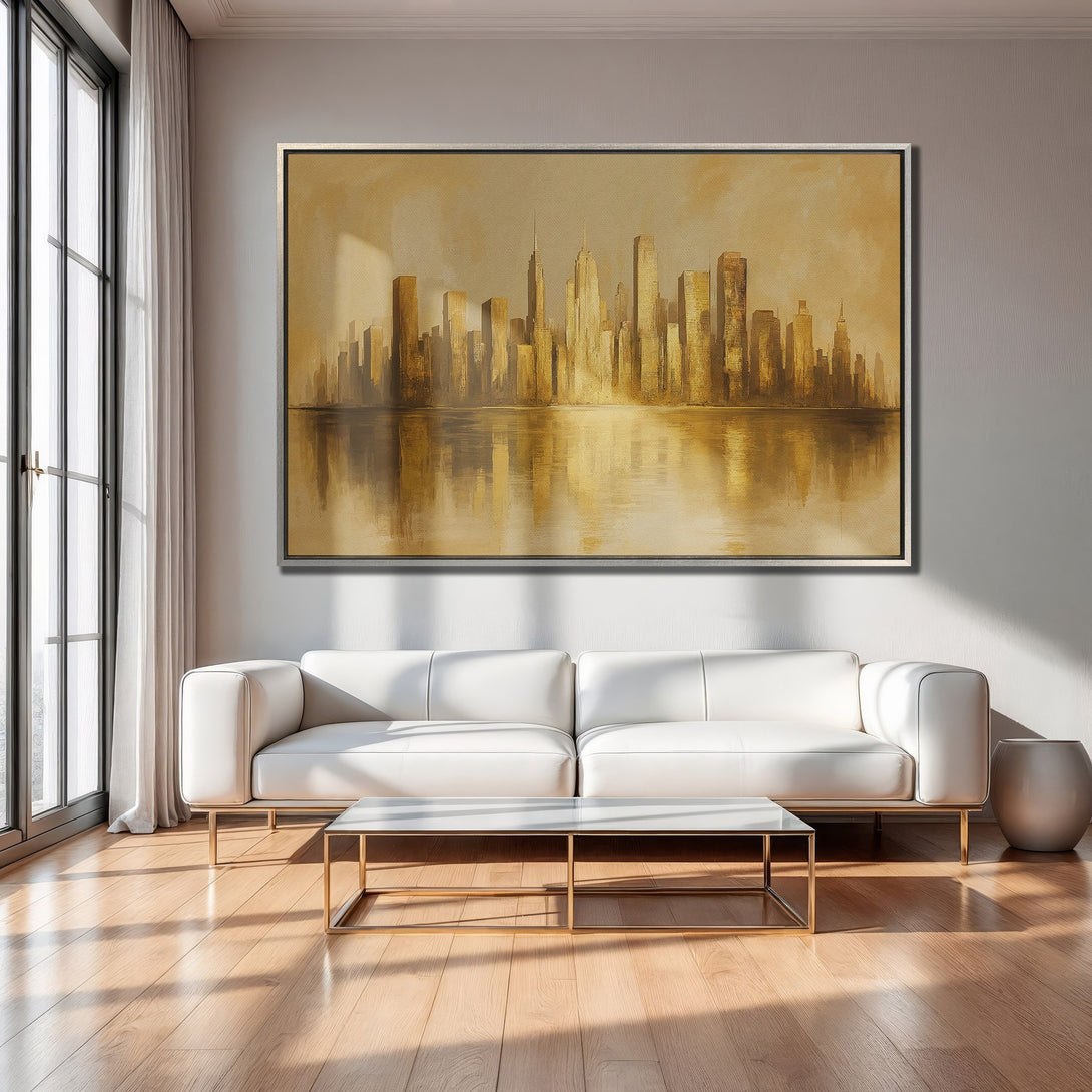 Framed Wall Art featuring a golden cityscape painting. Modern style with a warm, neutral color palette. Perfect for living room decor.