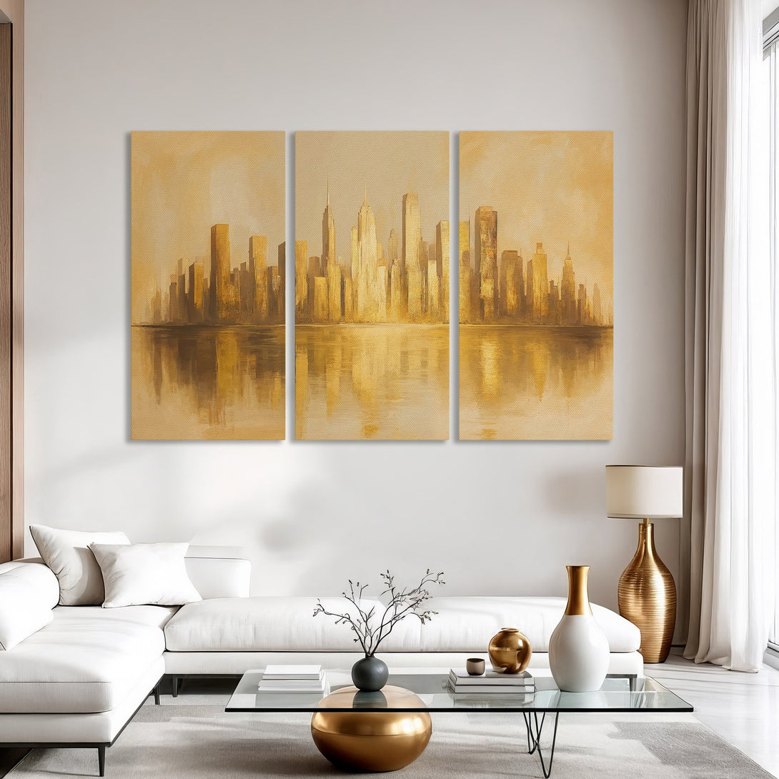 Canvas Print of a golden cityscape painting. Modern wall art with a warm, neutral color palette, perfect for living room decor.