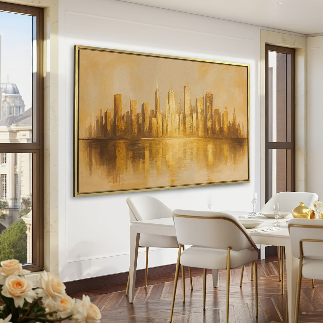 Canvas Print of a golden cityscape reflecting on water, displayed in a sophisticated interior. Warm, neutral color palette with a touch of luxury.