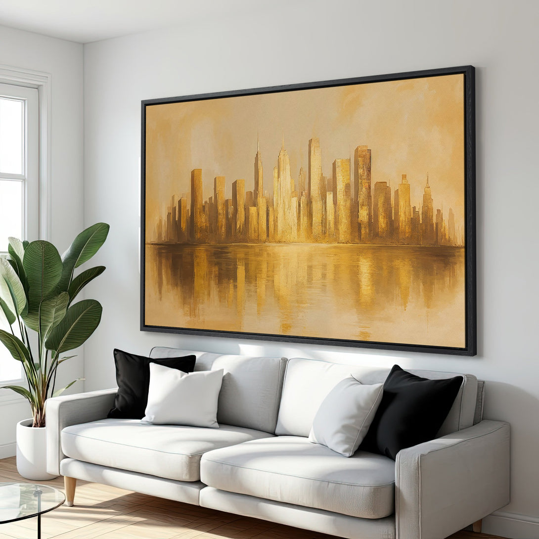 Framed Wall Art: Golden cityscape Canvas Print. Modern abstract art in warm gold tones. Perfect for adding a touch of elegance to any room.