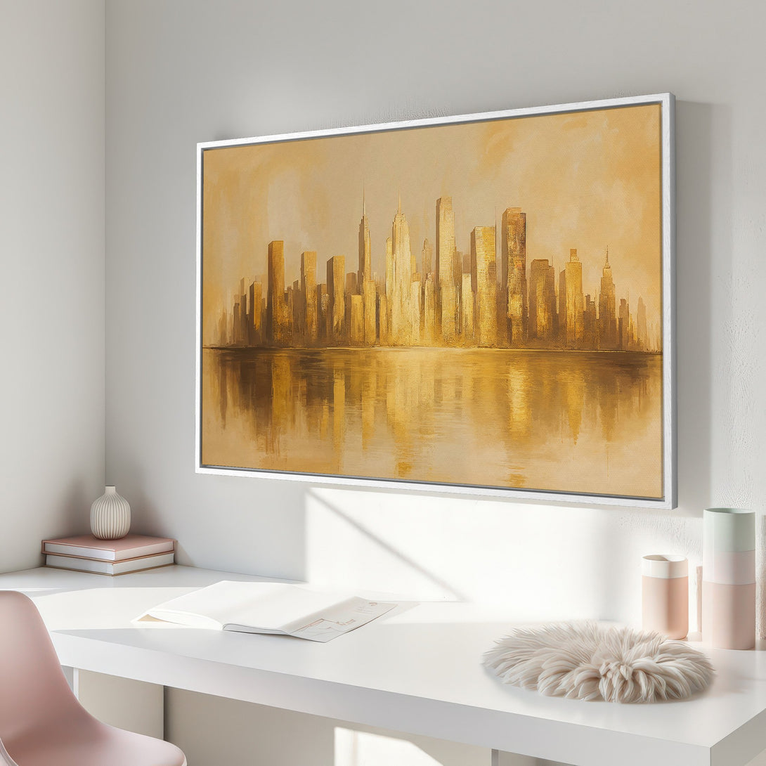 Framed Wall Art: Abstract cityscape Canvas Print in warm gold tones. Modern decor featuring a skyline and water reflection. Perfect for living rooms.