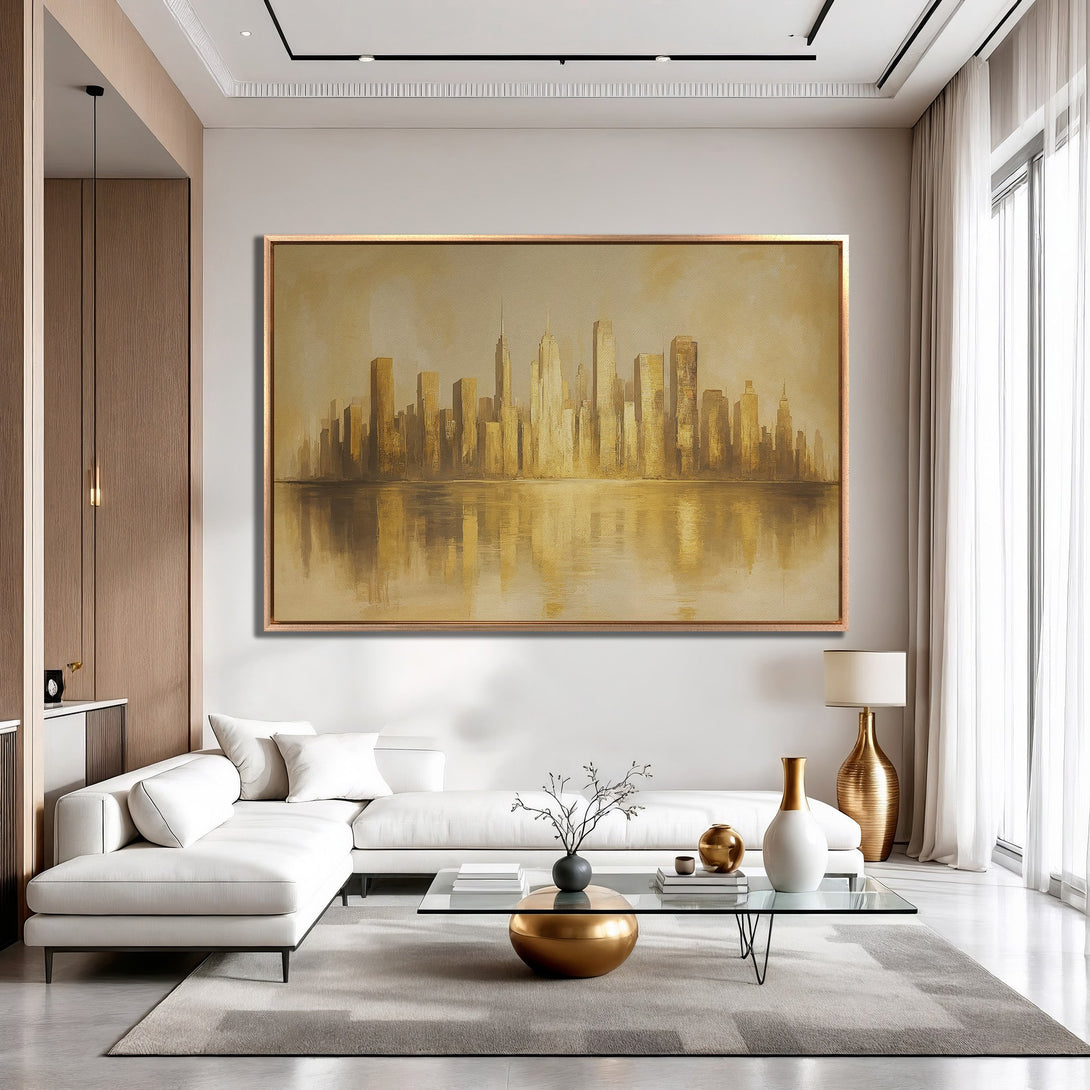 Framed Wall Art featuring a golden cityscape painting. Modern style with a warm, neutral color palette, perfect for living room decor.