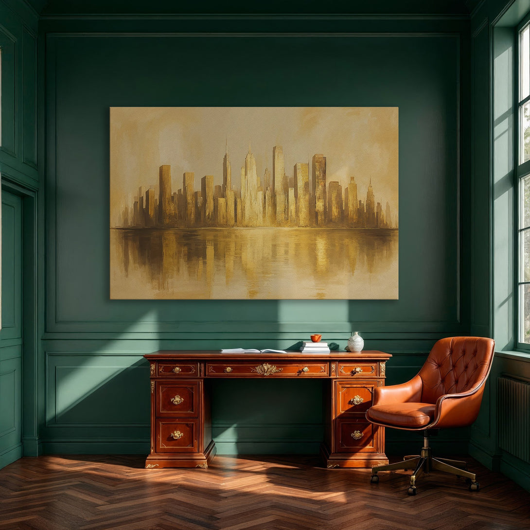 Framed Wall Art: Gold cityscape canvas print in a modern dining room. Warm, neutral color palette and abstract style. Elevate your space!