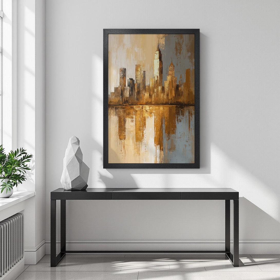 Framed Poster of a cityscape in a modern, abstract style with a warm, gold and grey color palette. Perfect wall art!
