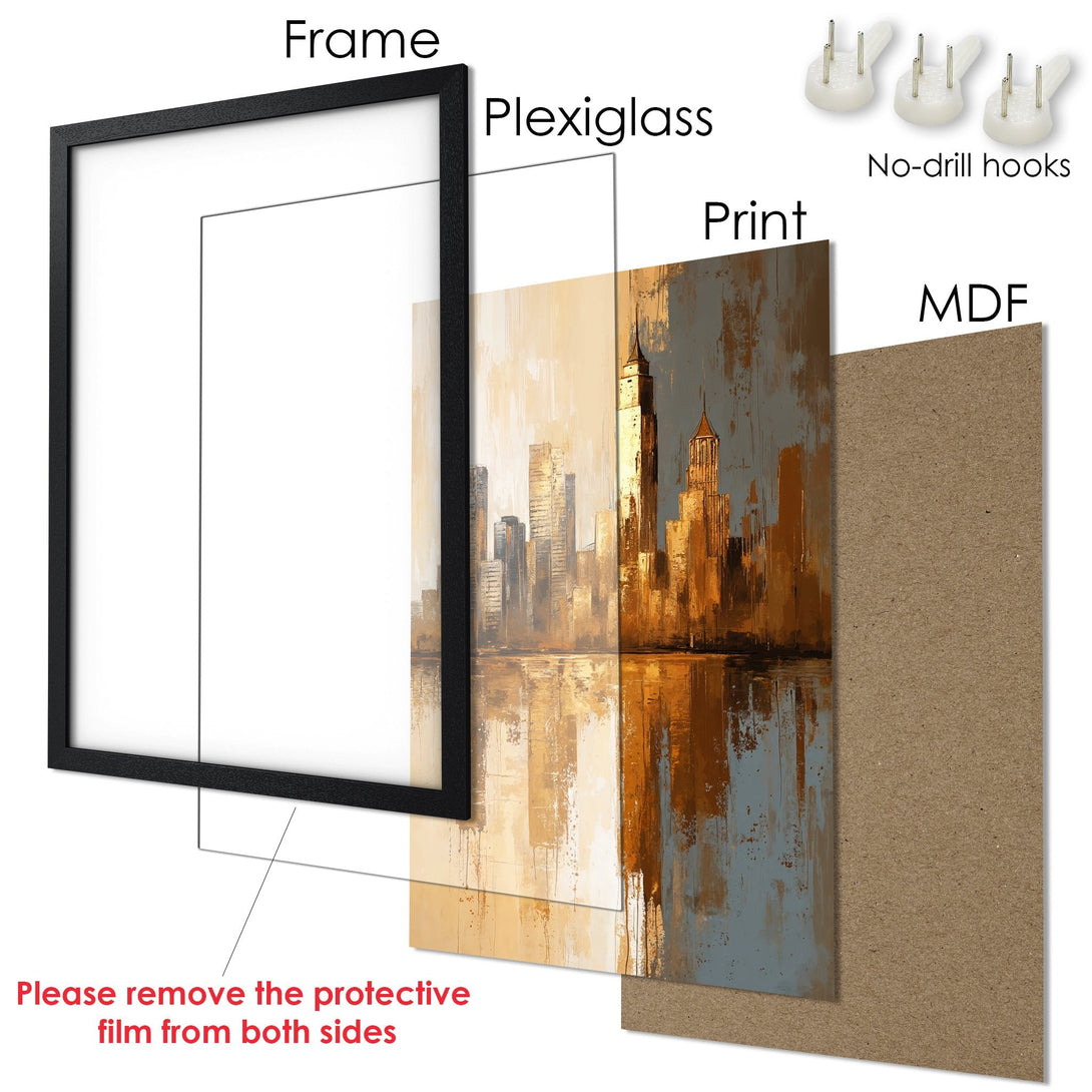 Framed Poster of a cityscape in an abstract style, featuring a warm gold and gray color palette. Ready to hang!