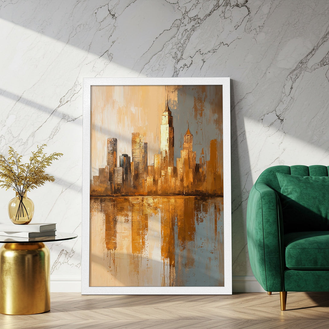 Framed Poster of a cityscape in warm gold and neutral tones. Modern art style, perfect for home decor.