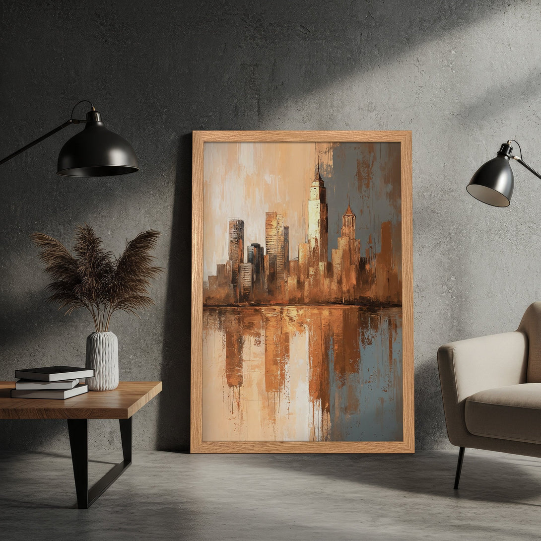 Framed Poster of a cityscape in an abstract style with warm, earthy tones. Perfect art for your home!