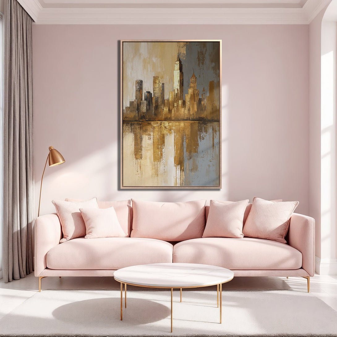 Framed Wall Art featuring a cityscape painting in warm gold and neutral tones, displayed in a modern, blush-toned living room.