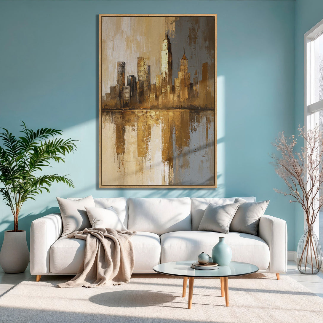 Framed Wall Art: Abstract cityscape canvas print in warm gold and neutral tones. Modern art for living room decor, adding a touch of elegance.