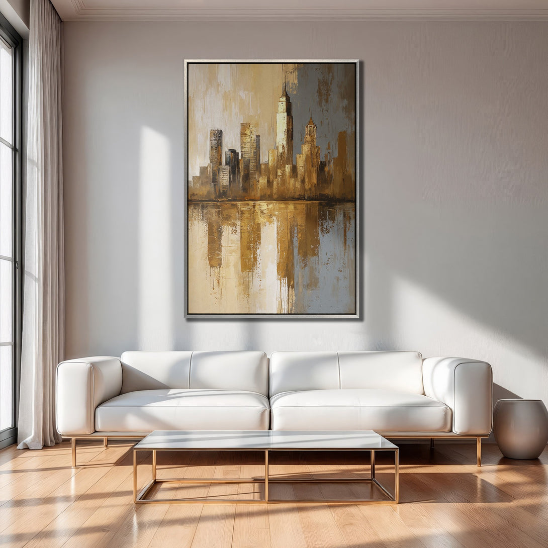 Framed Wall Art of a cityscape in a modern interior. Abstract style with a warm, neutral color palette. Elevate your space with this stunning art piece.
