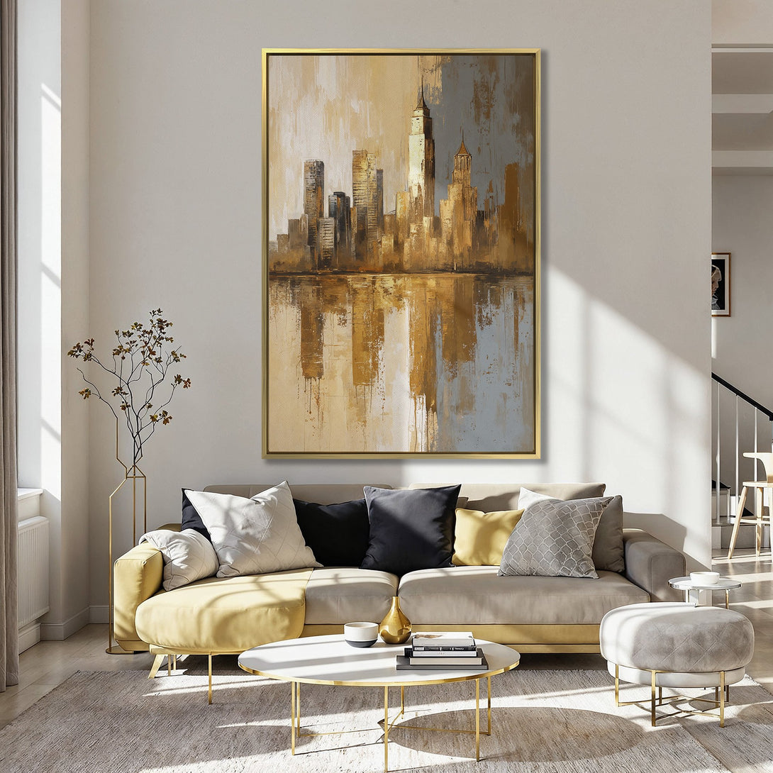 Canvas Print of a cityscape painting in warm gold and neutral tones, displayed in a stylish kitchen. Modern wall art for home decor.