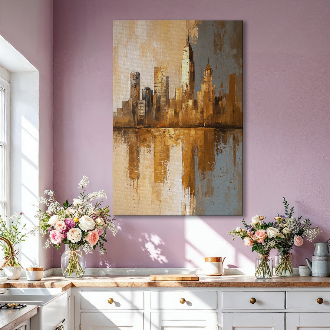 Framed Wall Art: Abstract cityscape canvas print in gold and neutral tones. Modern art for living room decor. Enhance your space with this stylish piece.
