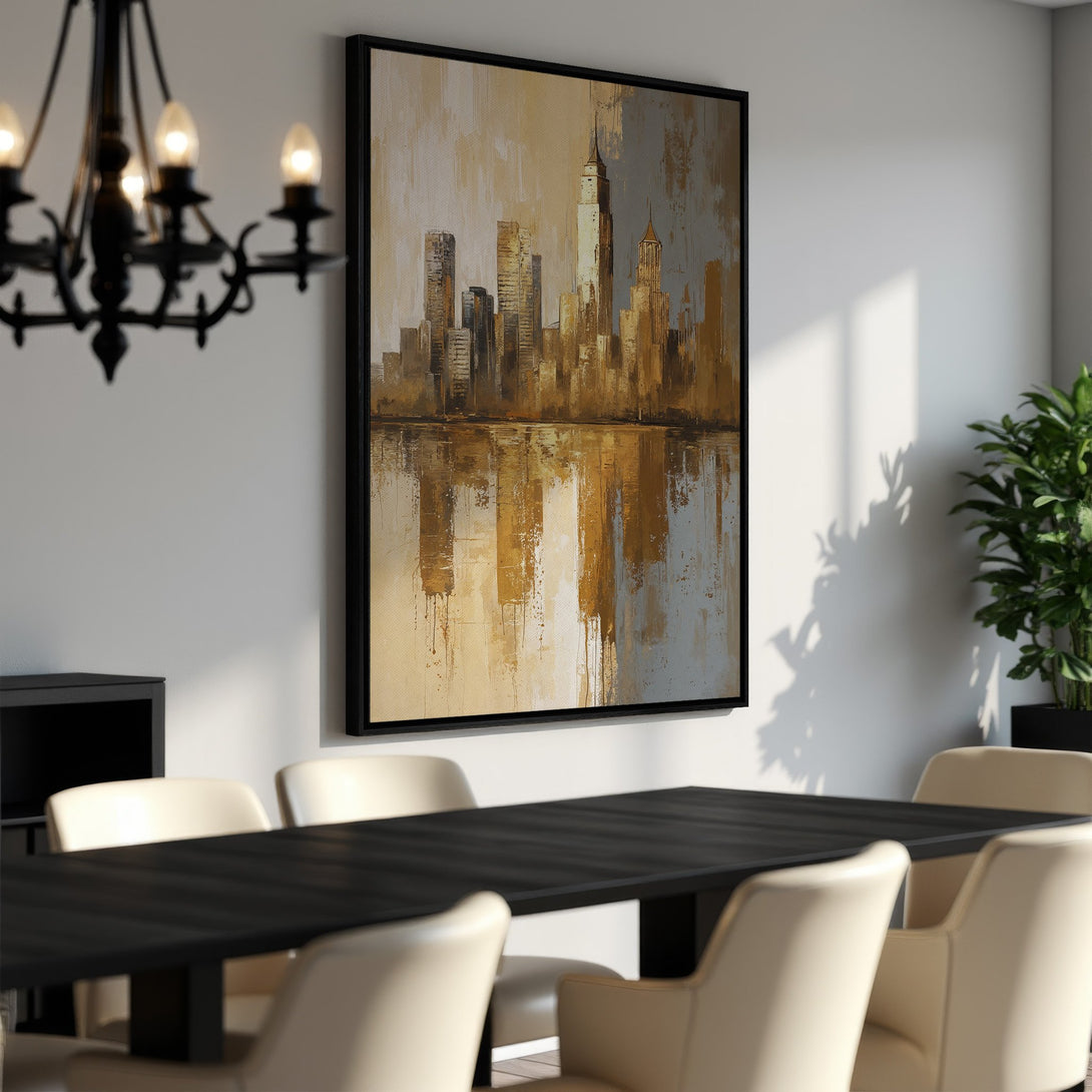 Framed Wall Art: Abstract cityscape canvas print in warm gold and neutral tones. Elevate your space with this modern art piece.