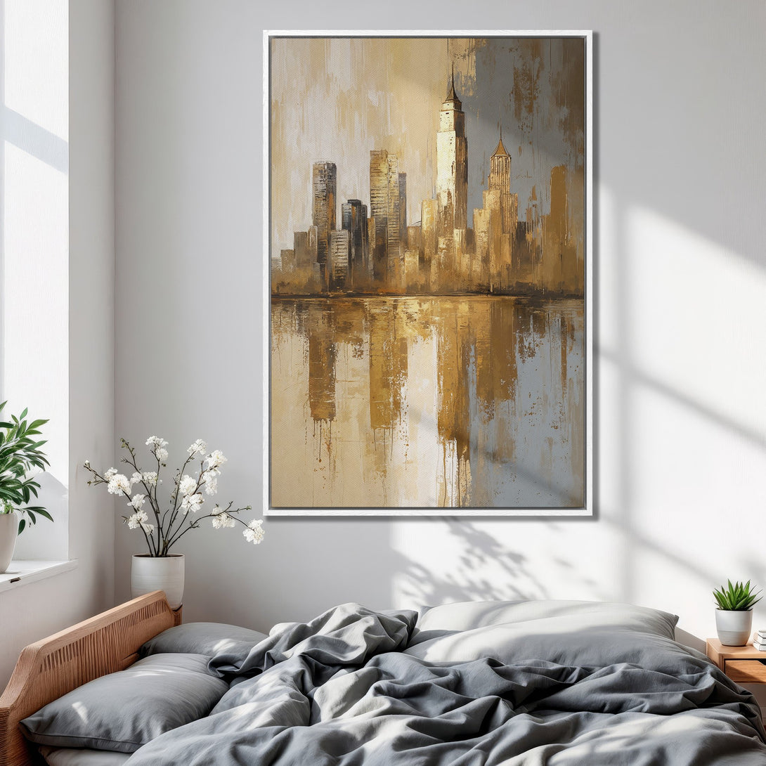 Framed Wall Art: Abstract cityscape Canvas Print in gold and grey tones, perfect for bedroom decor. Modern art with a luxury feel.