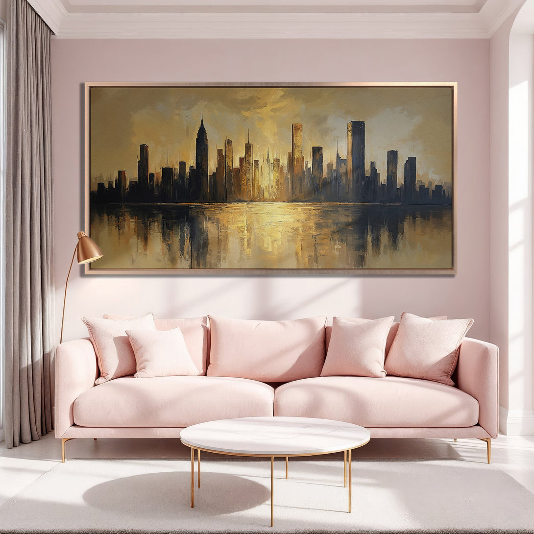 Framed Wall Art: NYC skyline painting in warm gold and black tones. Modern abstract style, perfect for living room decor.