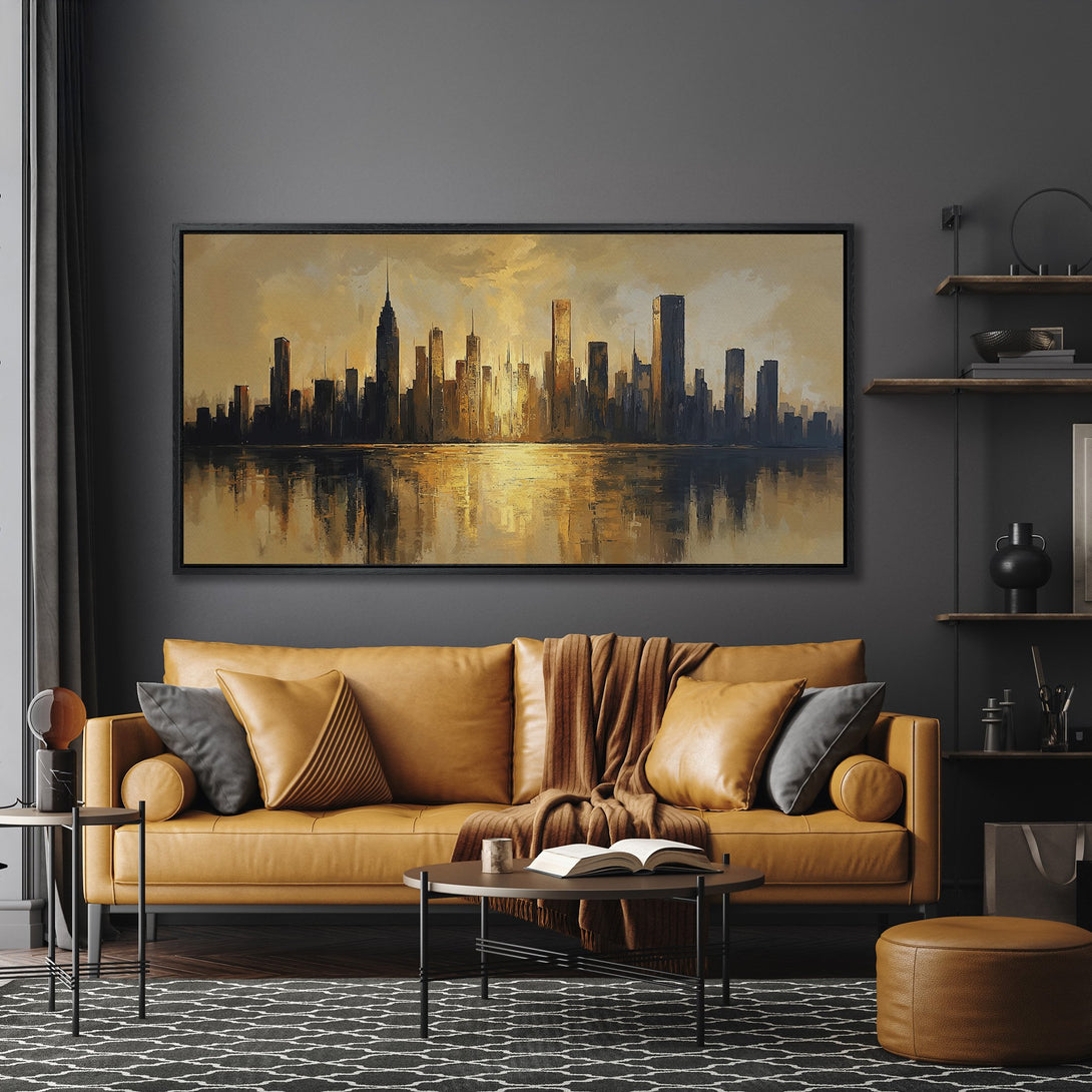 Framed Wall Art: Abstract cityscape Canvas Print in warm gold and black tones, displayed in a modern living room. Elevate your space with art!