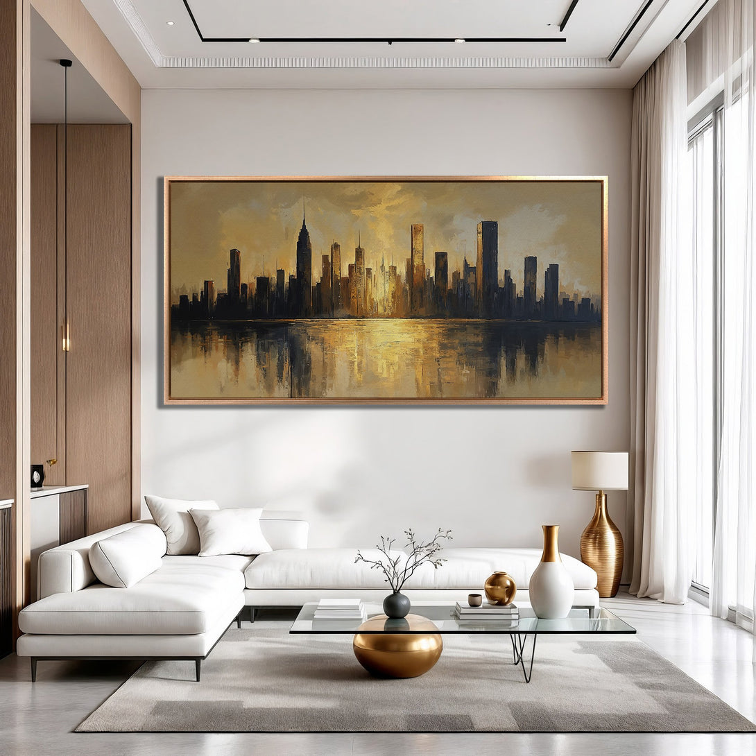 Framed Wall Art: Stunning cityscape Canvas Print with warm gold and black tones. Modern style adds elegance to any space.