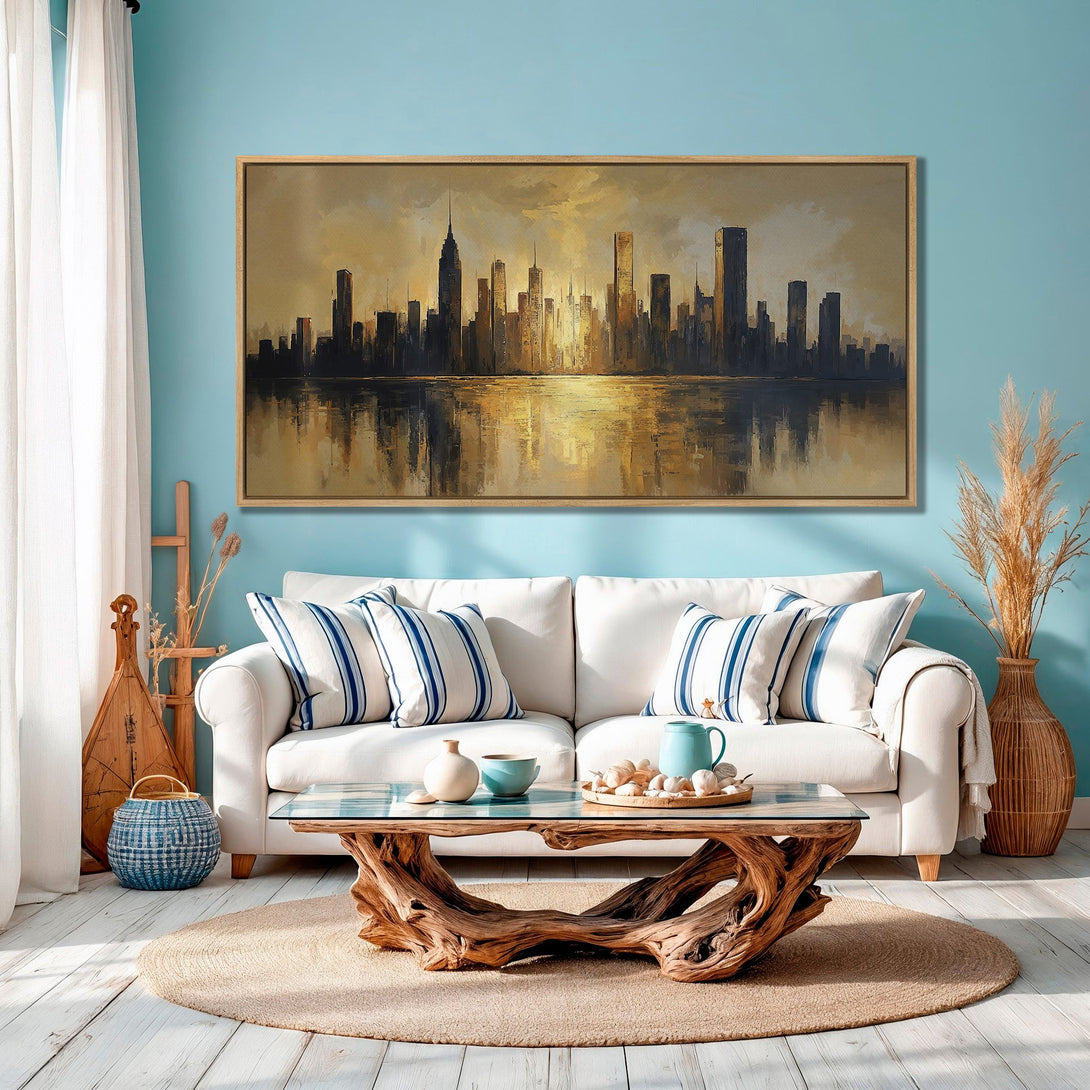Framed Wall Art: Stunning cityscape canvas print in warm gold & blue tones. Perfect for modern living room decor. Shop now!