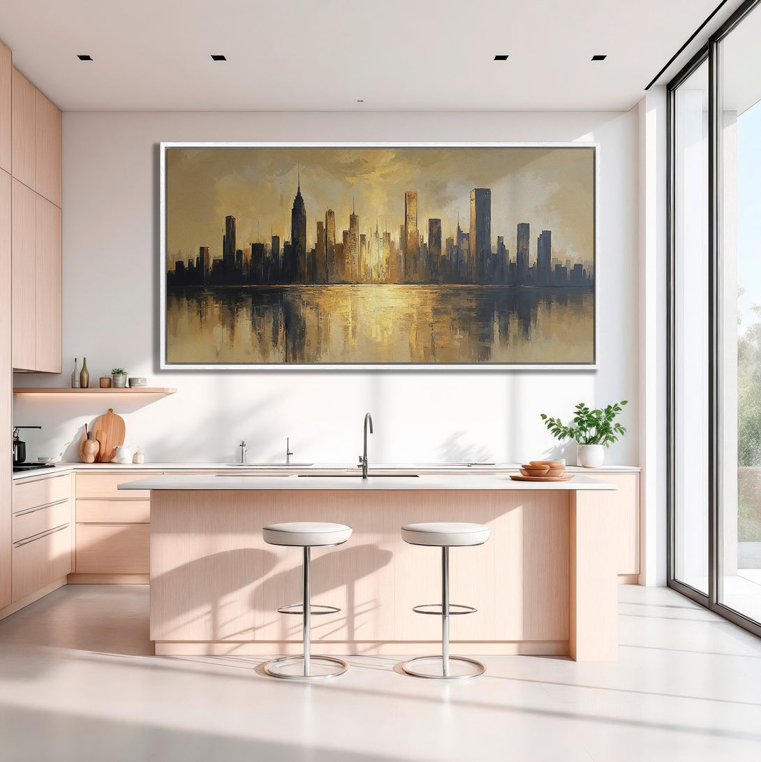 Framed Wall Art: Stunning cityscape Canvas Print in warm gold tones, perfect for modern kitchens. Elevate your home decor with this beautiful artwork!