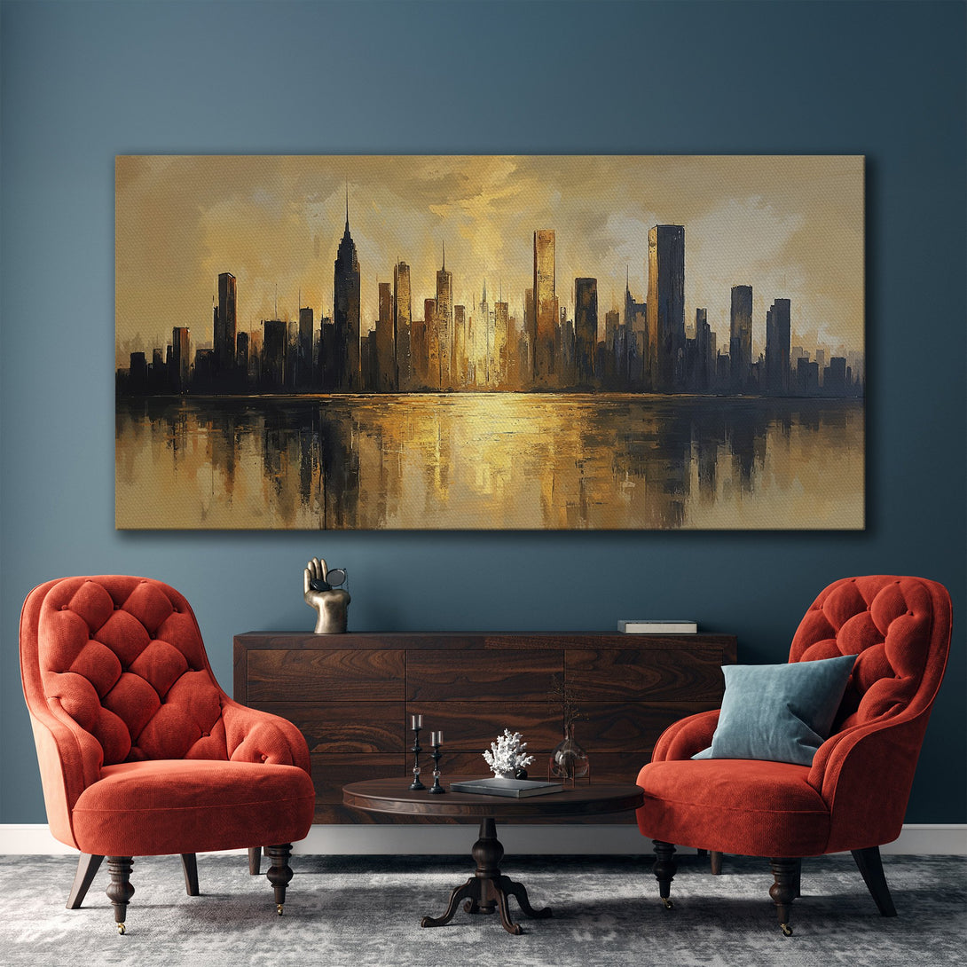 Framed Wall Art: Stunning cityscape Canvas Print in warm gold and black tones. Modern art perfect for living room decor.