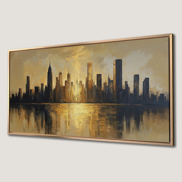 Framed Wall Art: Abstract cityscape Canvas Print. Warm gold and black tones create a stunning skyline reflection. Perfect for modern home decor!