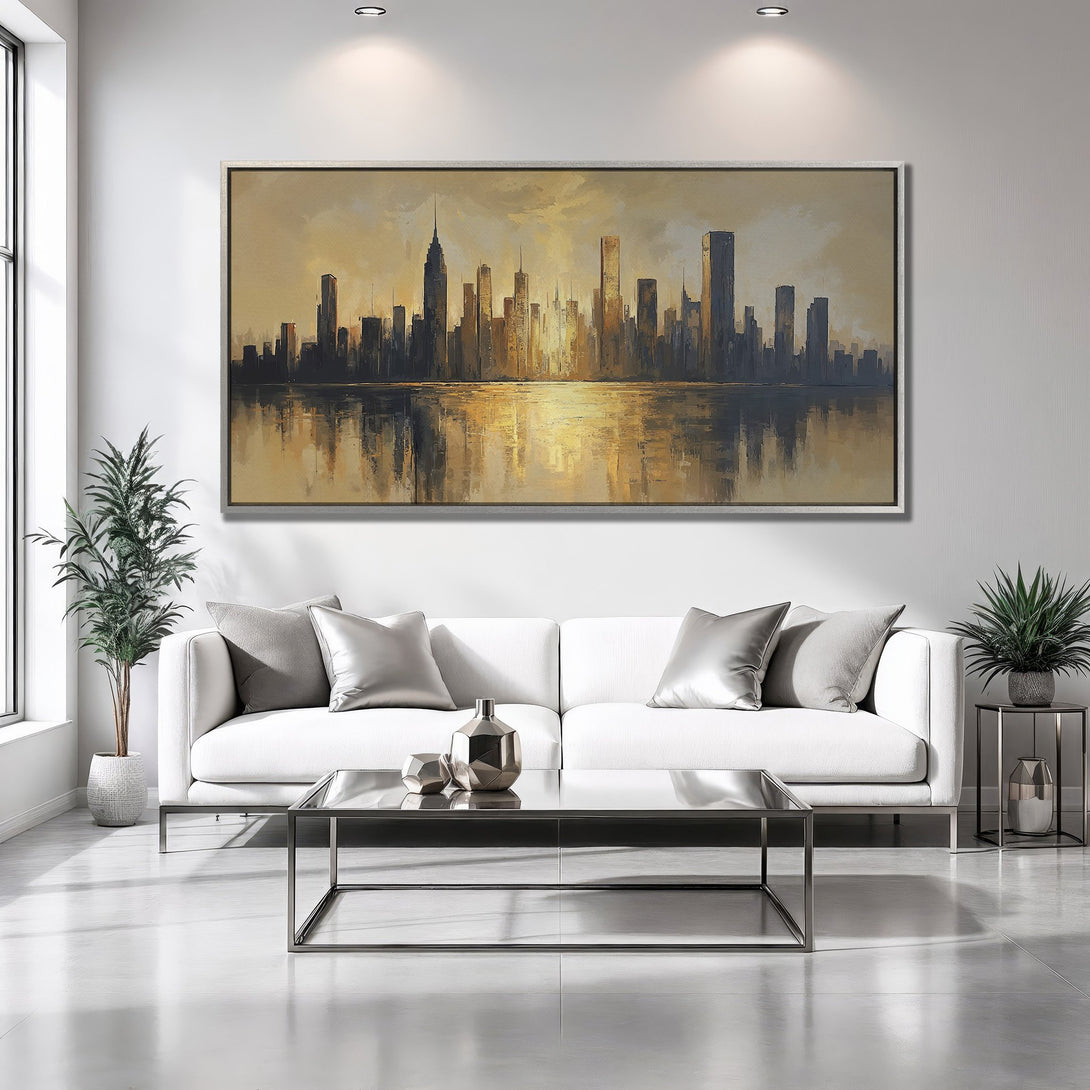 Framed Wall Art: Abstract cityscape canvas print in warm gold and black tones. Modern art piece perfect for living room decor.