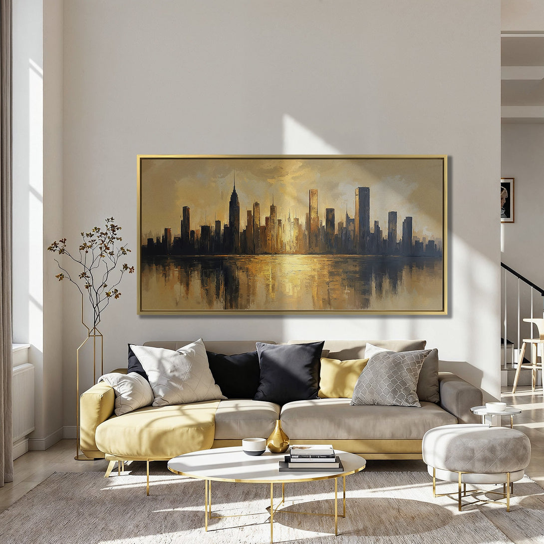 Canvas Print of NYC skyline art in warm gold and black tones, displayed in a stylish interior setting.
