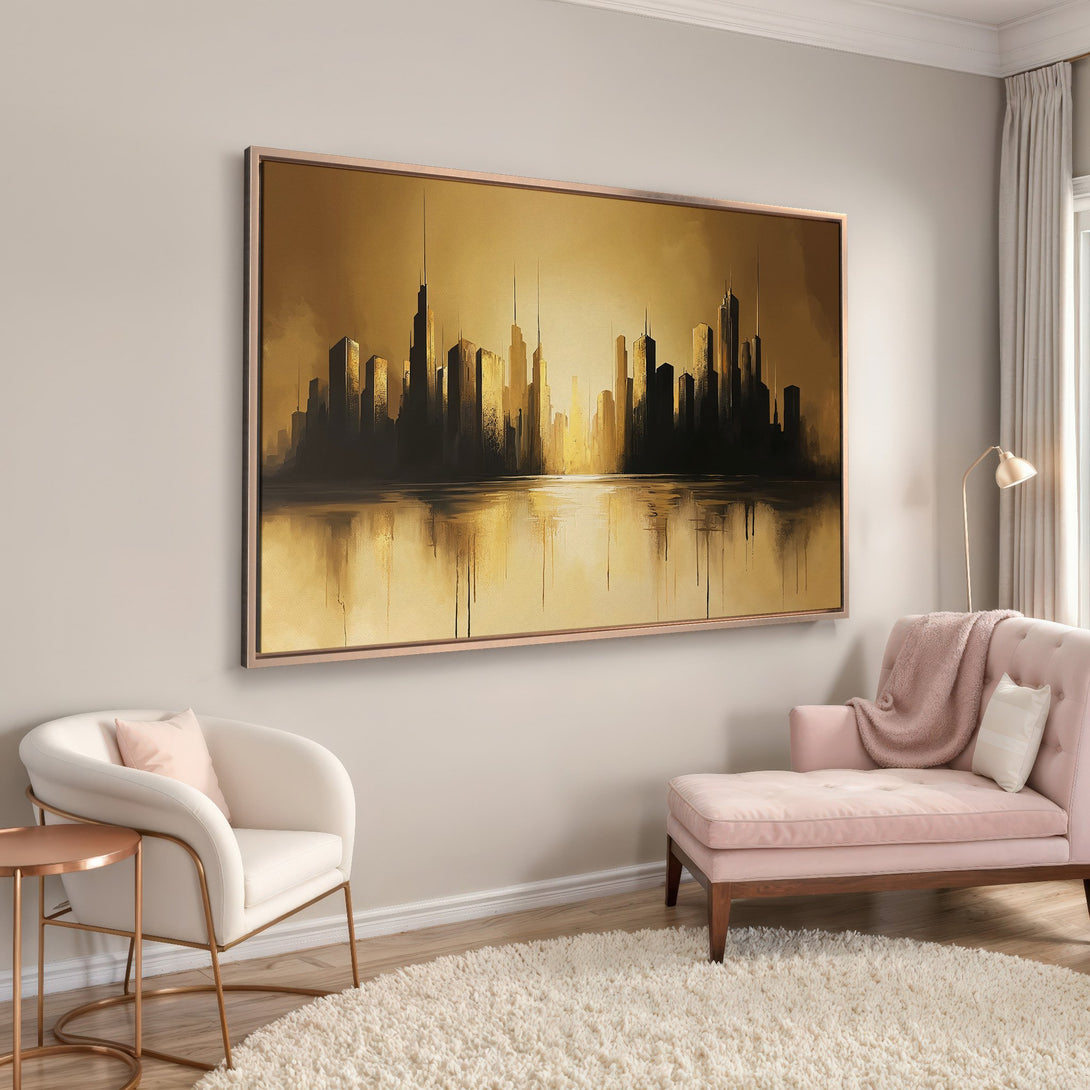 Framed Wall Art: Modern cityscape Canvas Print in gold and black, creating a sophisticated and artistic statement piece for your home decor.