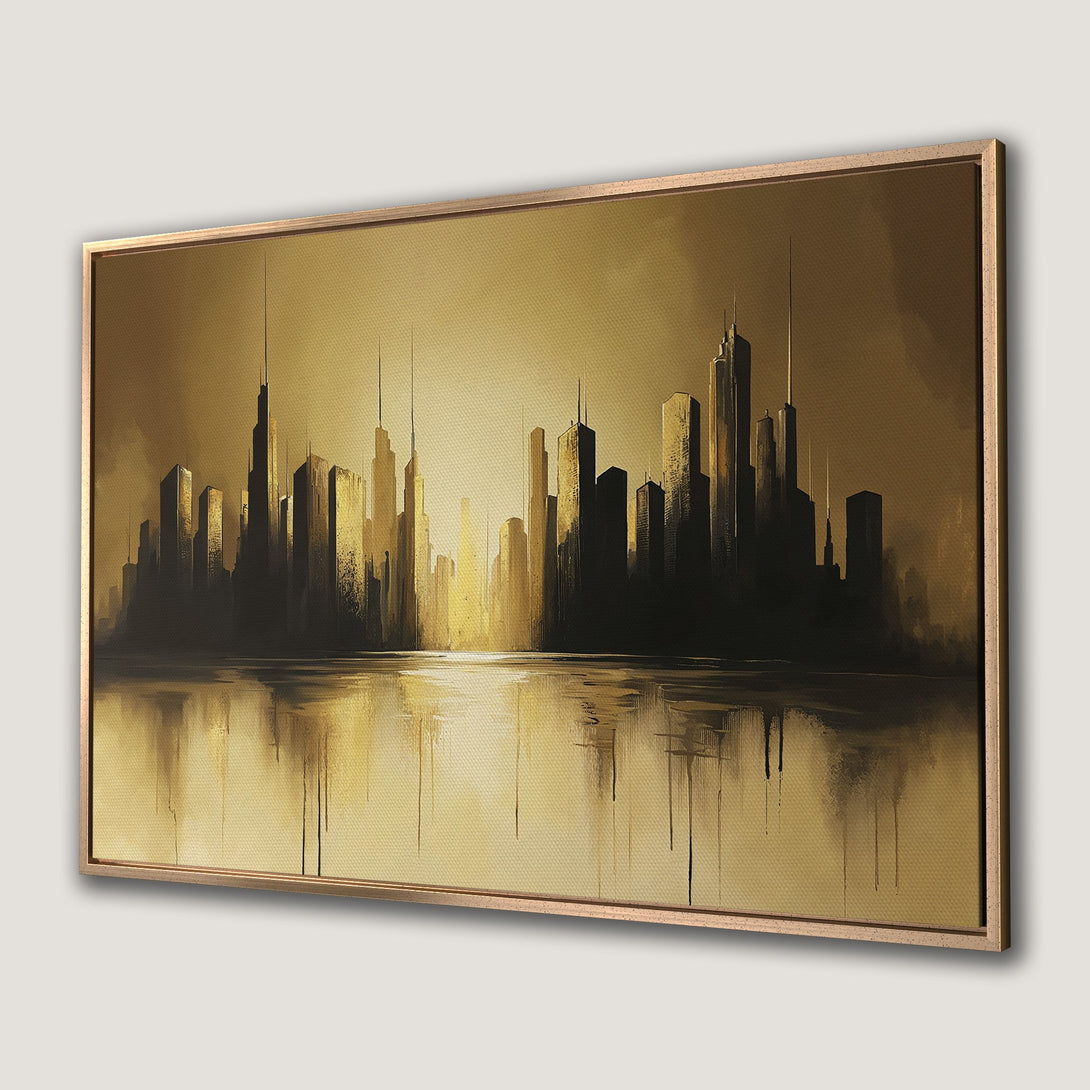 Framed Wall Art featuring a golden cityscape painting. Abstract style with a warm, monochromatic gold and black color palette. Perfect for modern decor.
