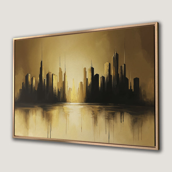 Framed Wall Art featuring a golden cityscape painting. Abstract style with a warm, monochromatic gold and black color palette. Perfect for modern decor.