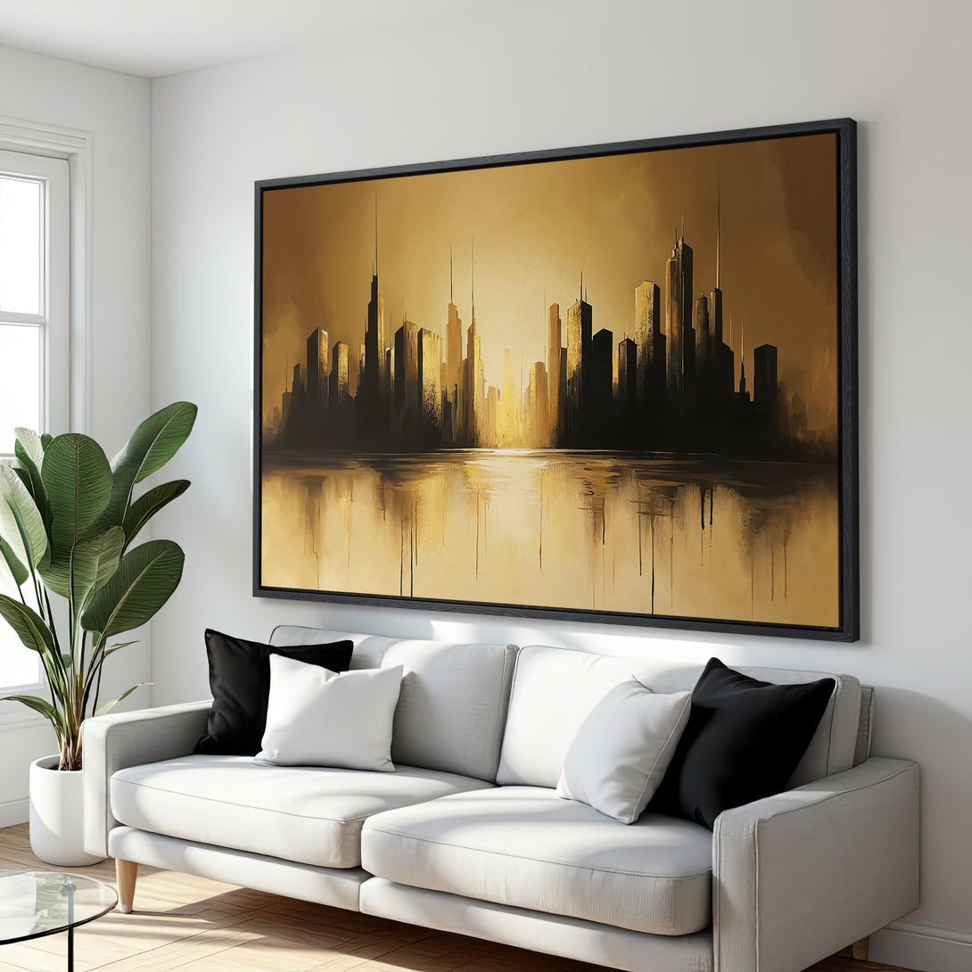 Framed Wall Art: Abstract cityscape Canvas Print in gold and black. Modern art for home decor, adding sophistication to any space.