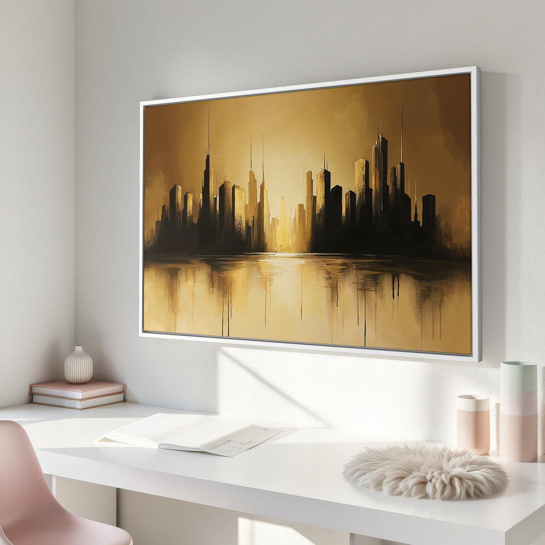 Framed Wall Art featuring a golden cityscape painting. Modern style with a warm, neutral color palette. Perfect for adding urban elegance to your home decor.
