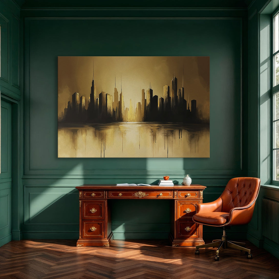 Framed Wall Art: Abstract cityscape Canvas Print in gold and black. Modern art for home decor, featuring a dramatic, reflective style.
