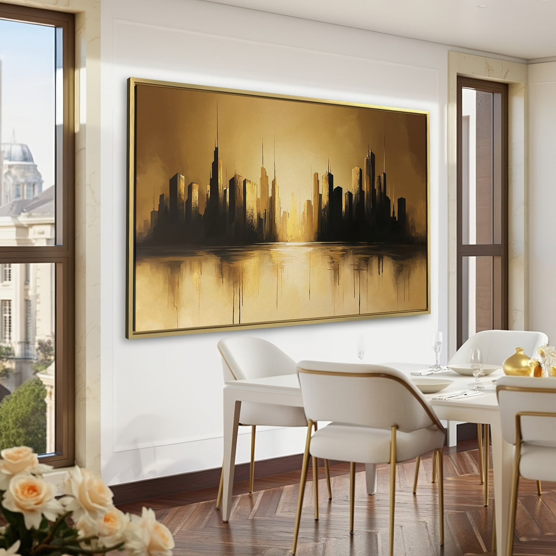 Canvas Print of a cityscape in gold and black, displayed in a stylish room with a dark green color palette. Modern wall art for home decor.