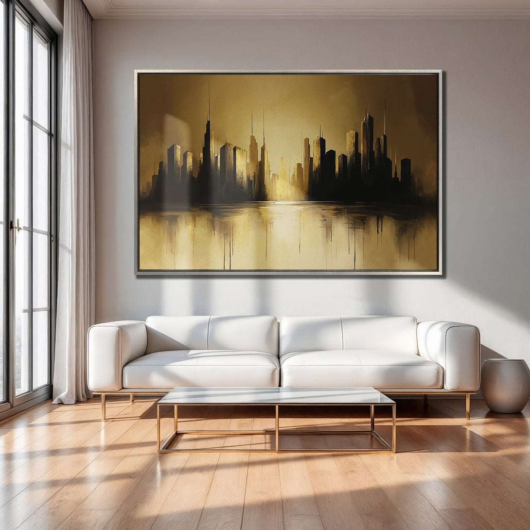 Framed Wall Art: Abstract cityscape canvas print in gold and black, modern style, displayed in a minimalist interior.
