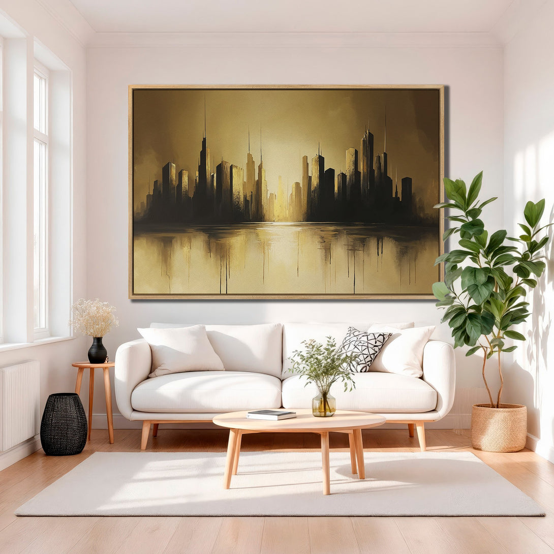 Framed Wall Art featuring a golden cityscape painting. Modern style with a warm, neutral color palette. Perfect for adding a touch of elegance to your home.