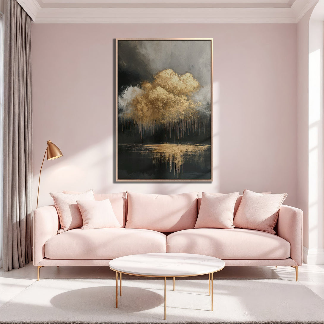 Framed Wall Art: Abstract gold and black painting in a modern interior. Adds a touch of elegance with a blush pink and gold color palette.