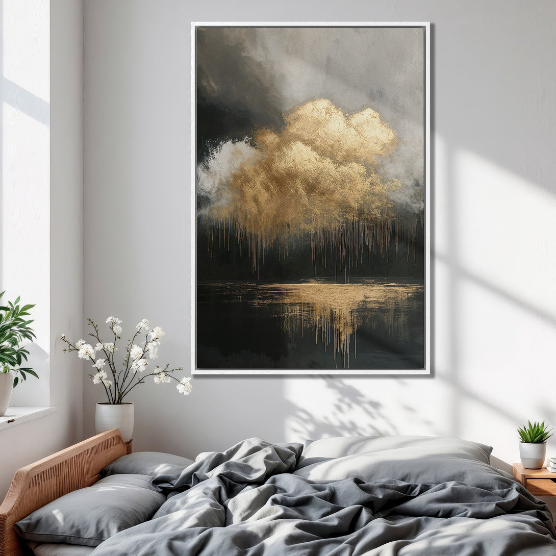 Framed Wall Art: Abstract gold and black landscape canvas print. Modern art with a moody, luxurious feel. Perfect bedroom decor.