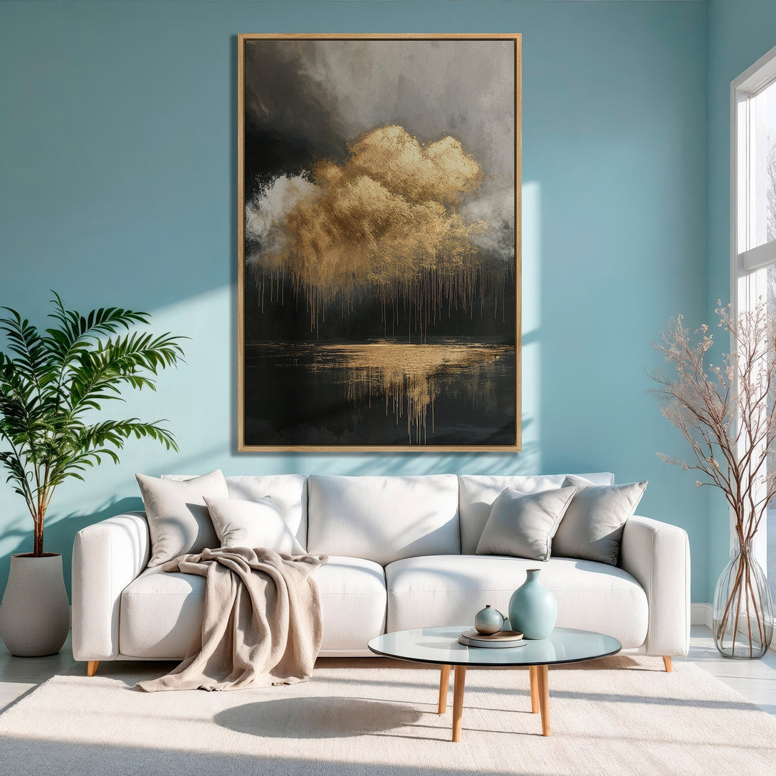Framed Wall Art: Abstract landscape in gold, black, and gray tones. Modern art canvas print adds elegance to any interior.