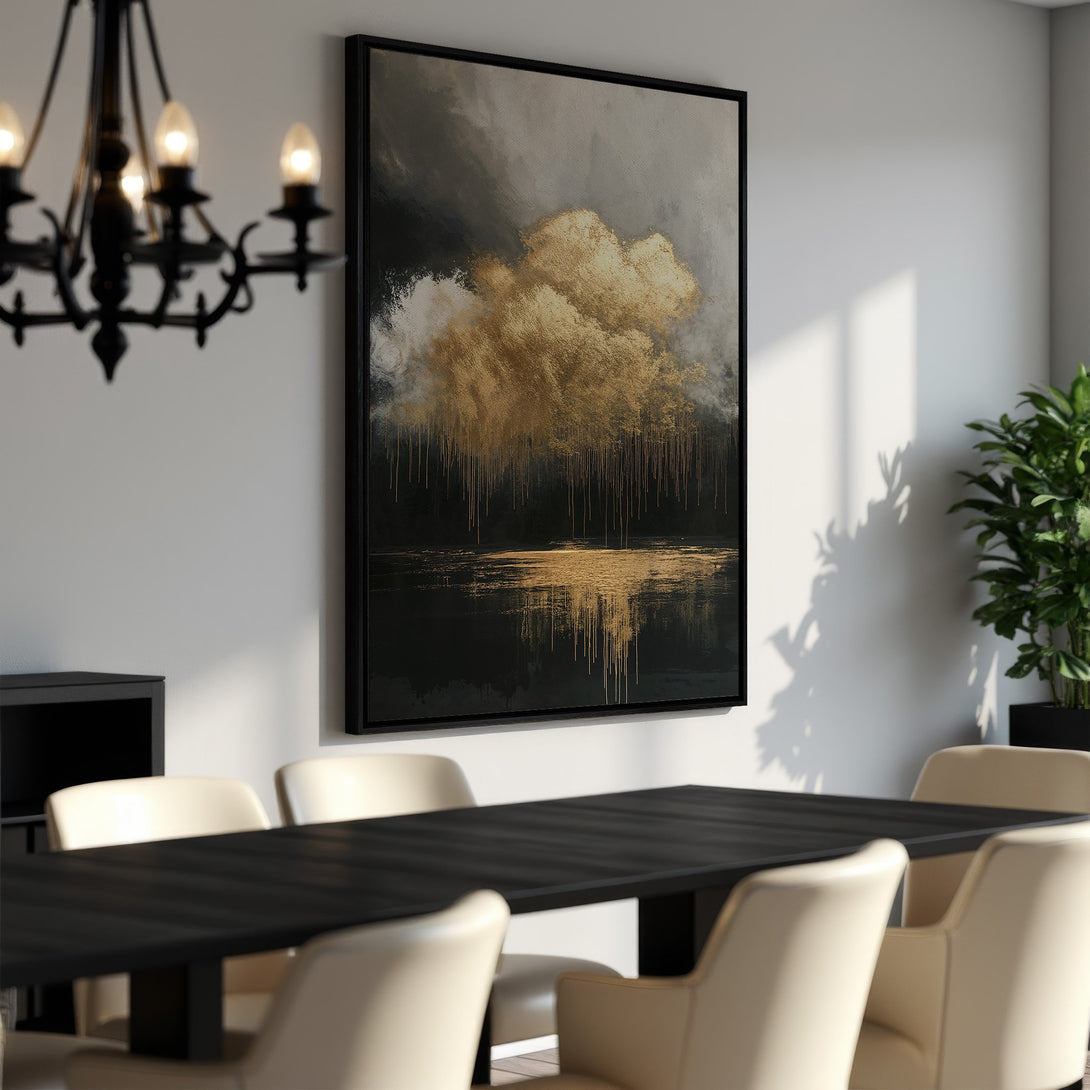 Framed Wall Art: Abstract gold and black canvas print. Modern art with a neutral color palette, perfect for dining room decor. Elevate your home with this stunning piece.