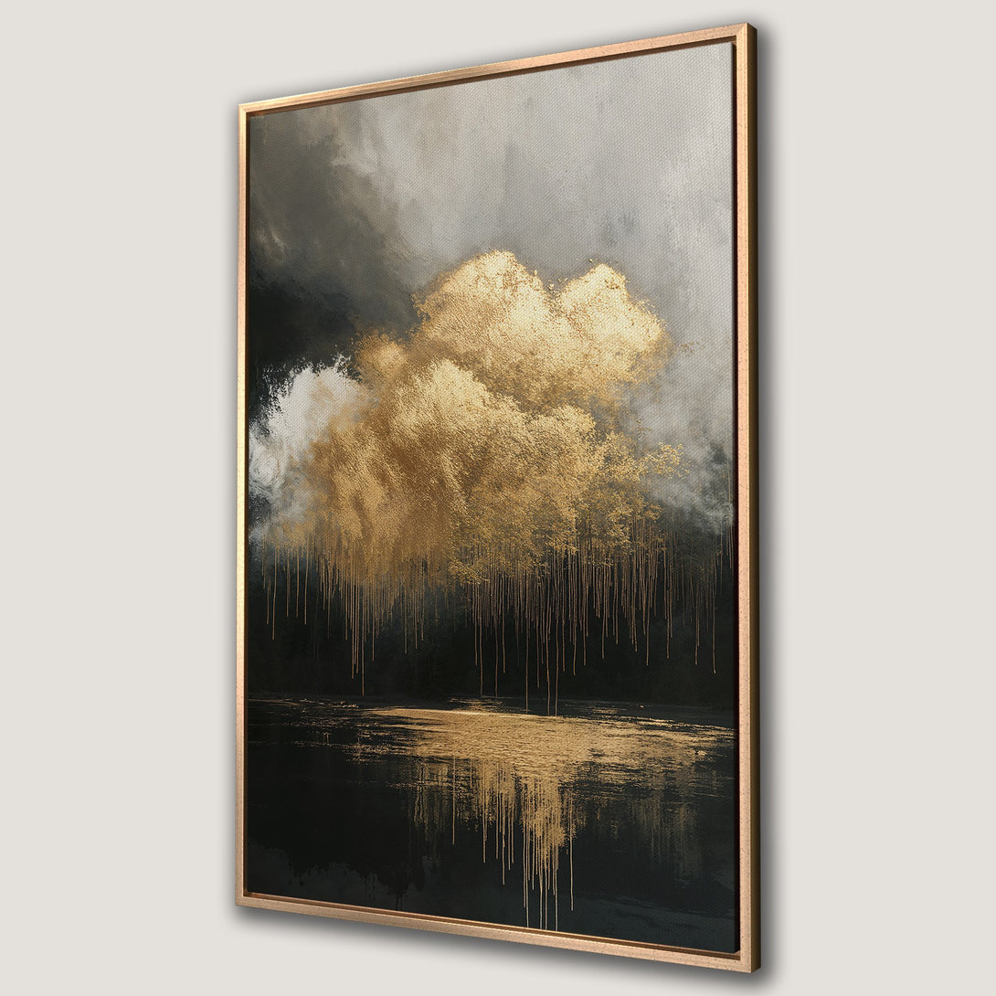 Framed Wall Art: Abstract gold and black landscape canvas print. Modern art with metallic accents, perfect for adding a touch of luxury to any space.