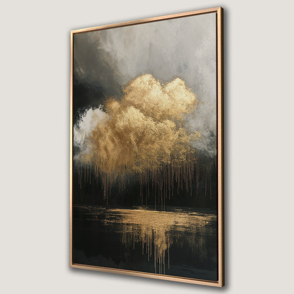 Framed Wall Art: Abstract gold and black landscape canvas print. Modern art with metallic accents, perfect for adding a touch of luxury to any space.