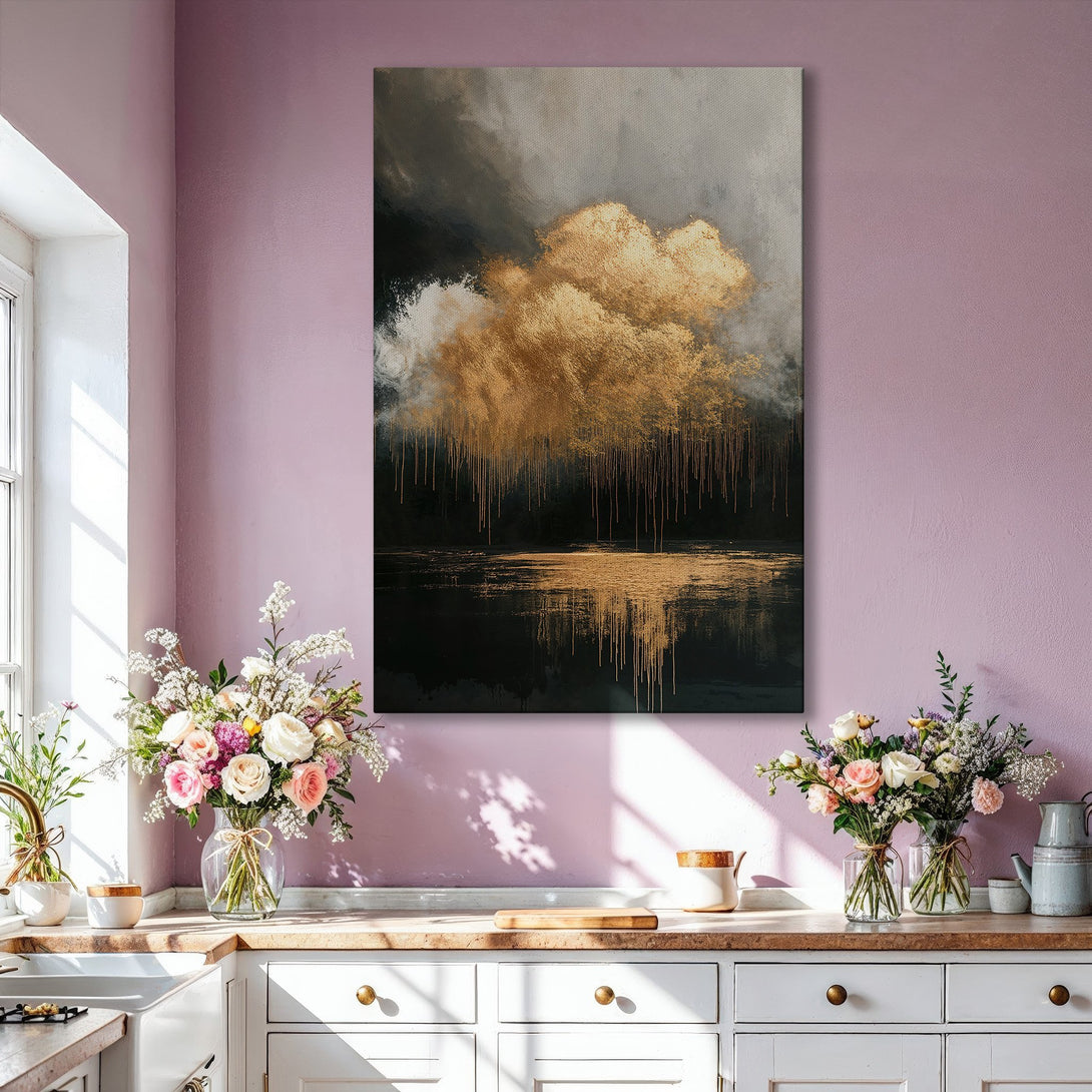Framed Wall Art: Abstract gold and black landscape painting. Modern art print in a luxurious living room with a neutral color palette. Elevate your space!